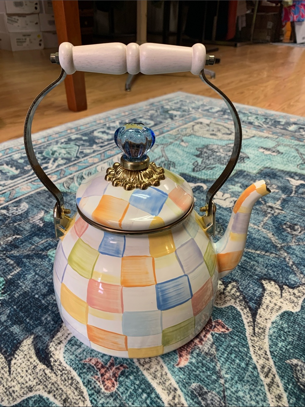 Mackenzie Childs 2 quart kettle pastel checker confetti FLAWED new qvc